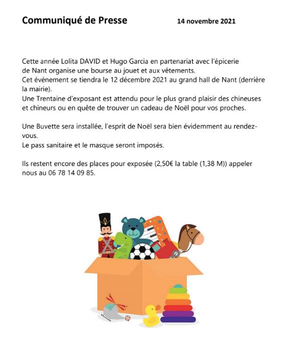 Bourse aux jouets à Nant Aveyron le 12 10 2021.